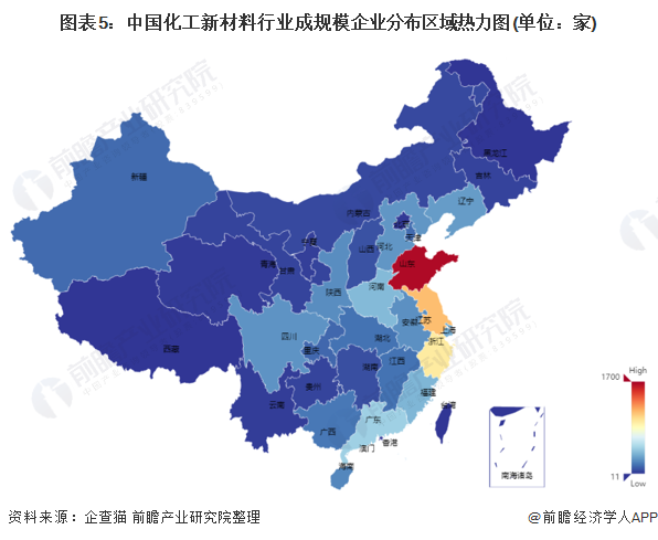图表5：中国化工新材料行业成规模企业分布区域热力图(单位：家)