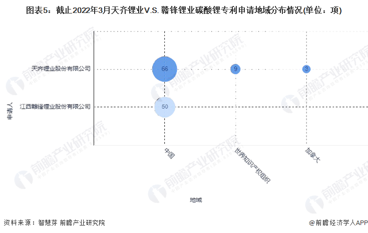 图表5：截止2022年3月天齐锂业V.S. 赣锋锂业碳酸锂专利申请地域分布情况(单位：项)