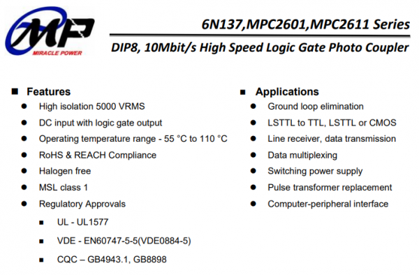 10Mbit/s高速光耦6N137（参数、功能、原理、应用电路介绍）